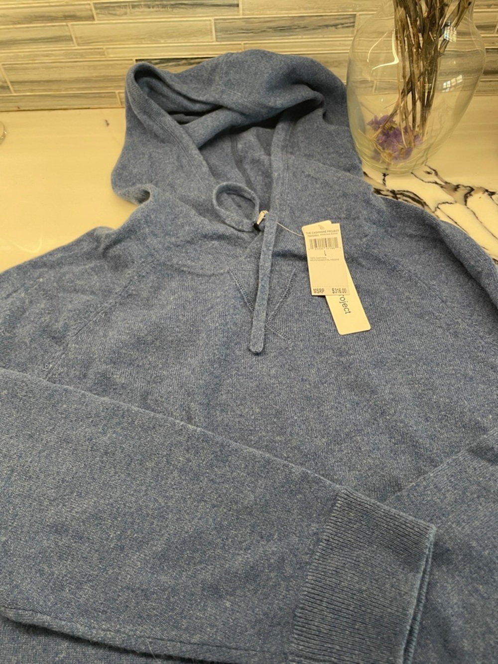 Men's Blue Hooded Sweater - Soft Knit Casual Pullover, 100% cashmere